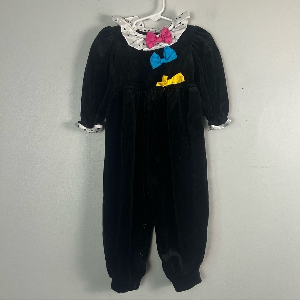 Vintage Winnie The Pooh Disney black velvet polka dot bow one piece size large